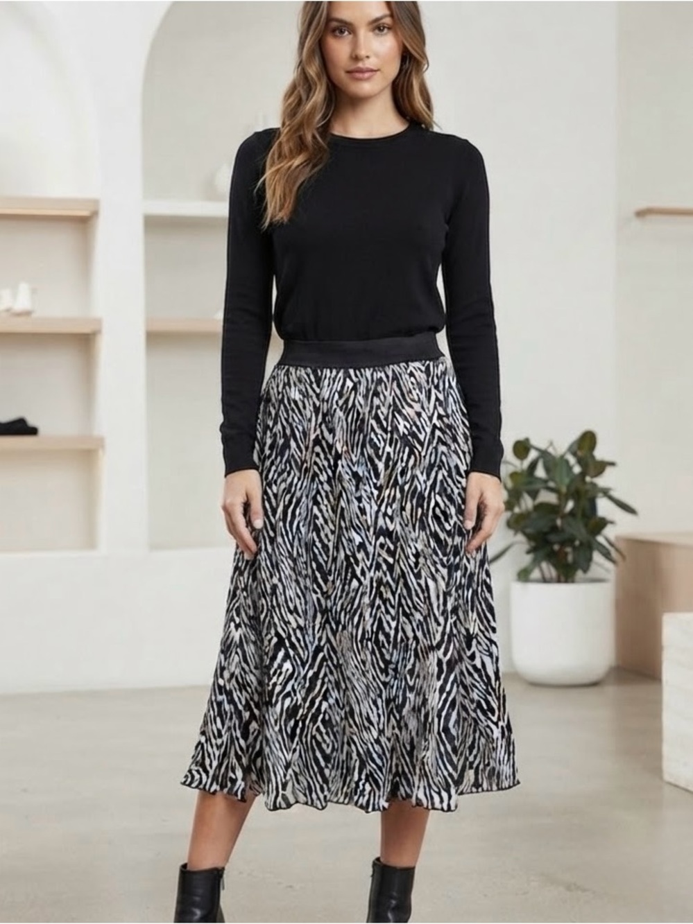 CLEO Black & White Zebra Print Skater Midi Skirt SIZE XL